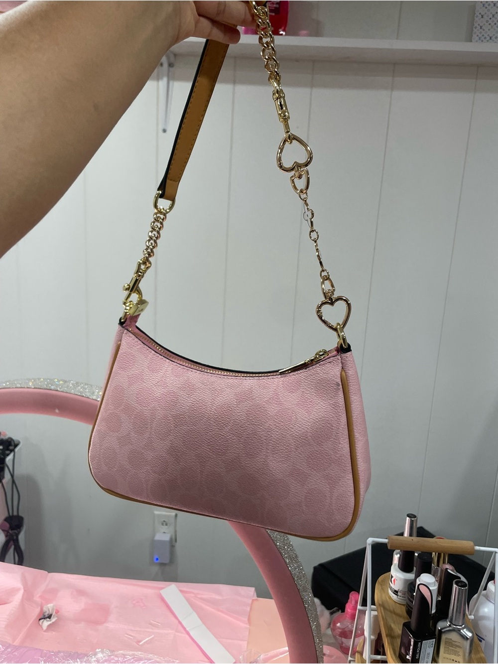 Coach Pink Signature Heart-Chain Convertible Mini Bag - Picture 2 of 9